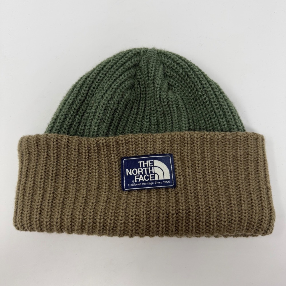 The North Face Salty Dog Beanie Olive Green Brown Knit Hat Heritage Patch OS